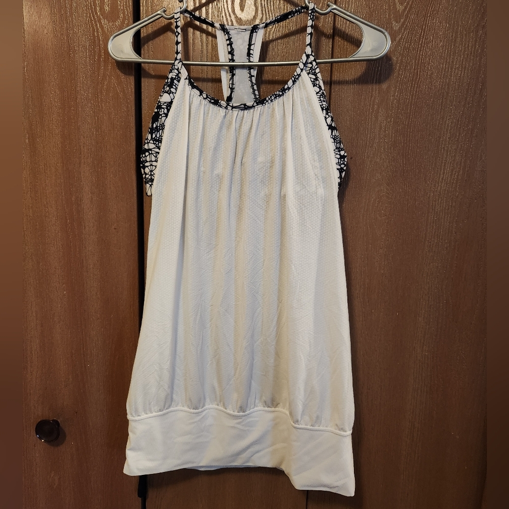 Lululemon Sz 8 No Limit Racerback Tank Top W Sports Bra White Black Glacier Lace